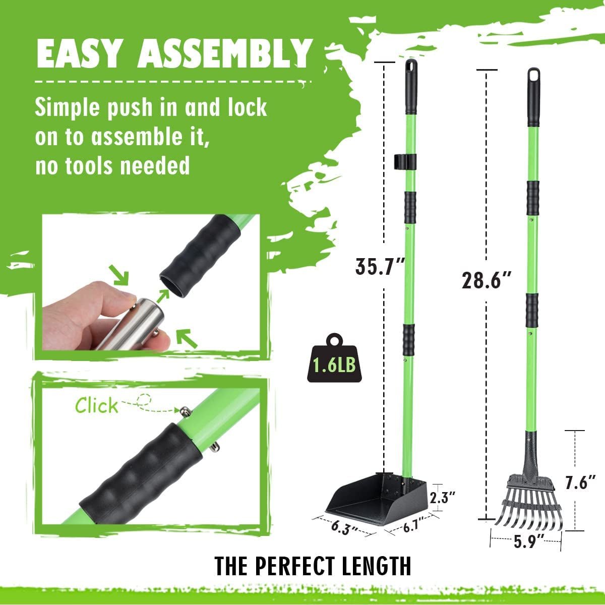 Pooper Scooper, Dog Pooper Scooper Long Handle Stainless Metal Tray and Rake Set for Medium Small Dogs Heavy Duty - Use on Grass, Dirt or Gravel - Pet Supplies (Green) - FurrrBabies & More! - 711181823974