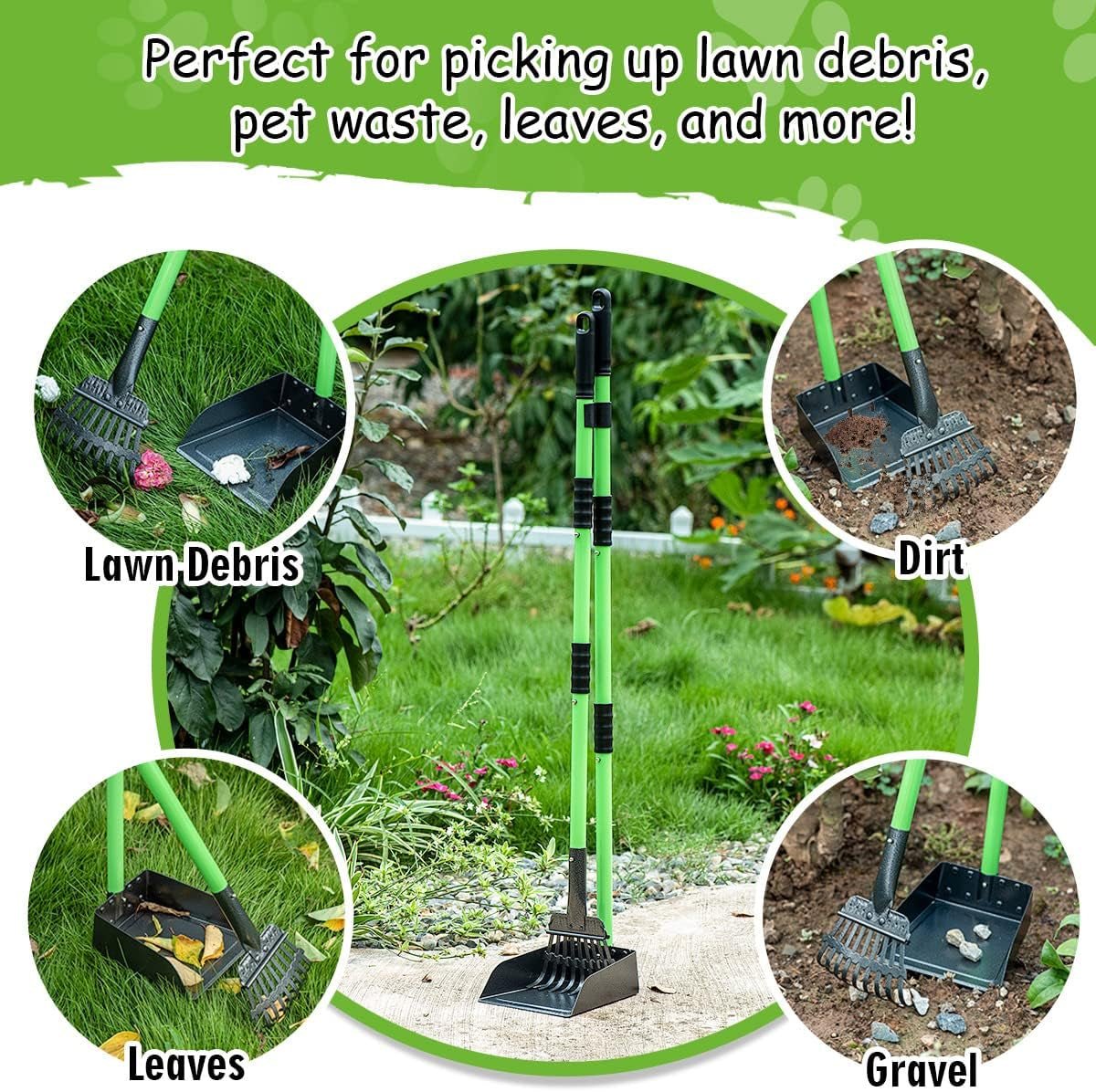 Pooper Scooper, Dog Pooper Scooper Long Handle Stainless Metal Tray and Rake Set for Medium Small Dogs Heavy Duty - Use on Grass, Dirt or Gravel - Pet Supplies (Green) - FurrrBabies & More! - 711181823974