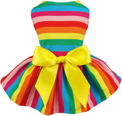 Rainbow Striped Dog Dress, Summer Dog Clothes for Small Dogs Girl, Pet Cat Outfit, 100% Breathable Cotton, Red Yellow Blue, Small - FurrrBabies & More! - 711181124484