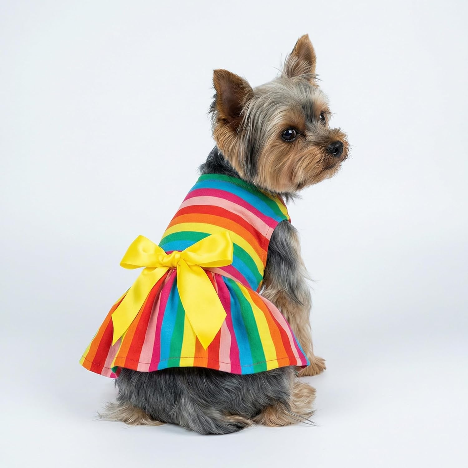 Rainbow Striped Dog Dress, Summer Dog Clothes for Small Dogs Girl, Pet Cat Outfit, 100% Breathable Cotton, Red Yellow Blue, Small - FurrrBabies & More! - 711181124484
