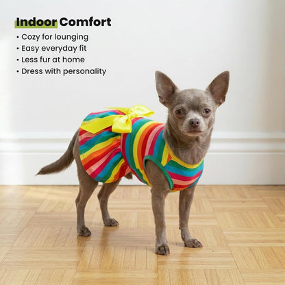 Rainbow Striped Dog Dress, Summer Dog Clothes for Small Dogs Girl, Pet Cat Outfit, 100% Breathable Cotton, Red Yellow Blue, Small - FurrrBabies & More! - 711181124484