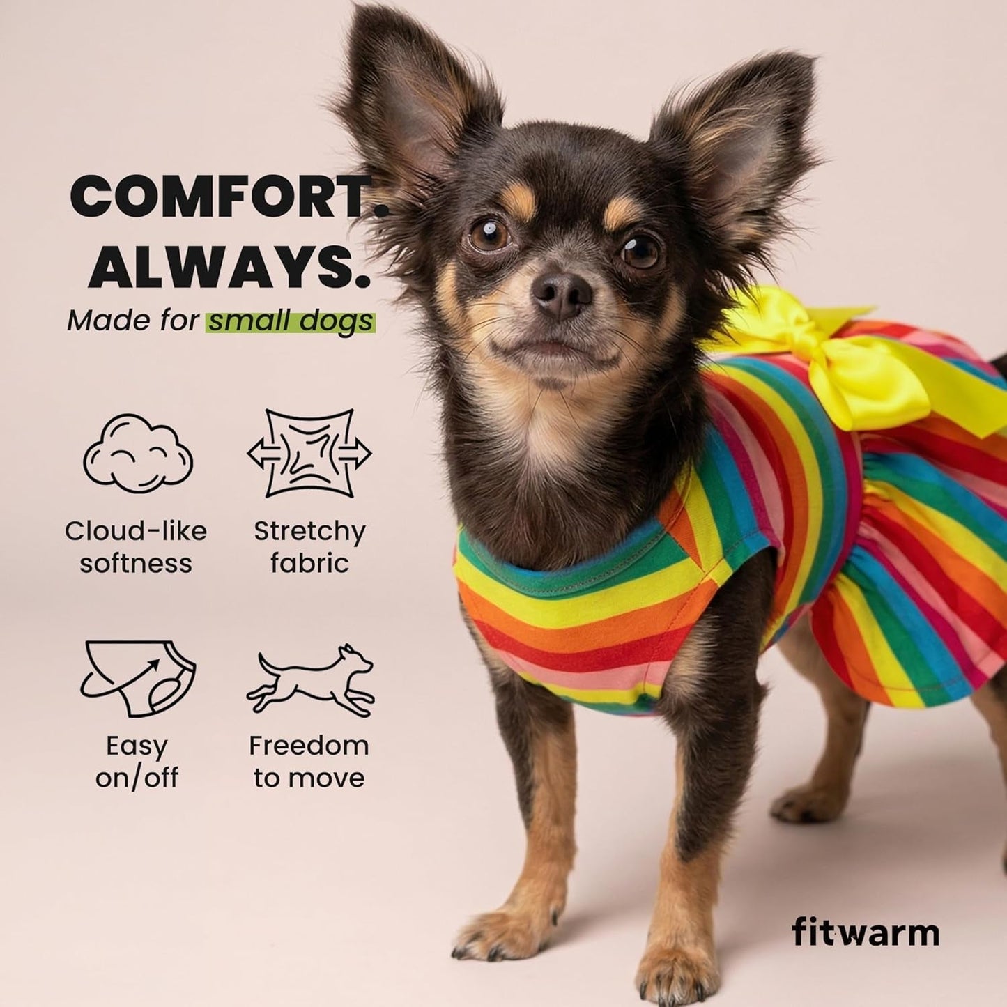 Rainbow Striped Dog Dress, Summer Dog Clothes for Small Dogs Girl, Pet Cat Outfit, 100% Breathable Cotton, Red Yellow Blue, Small - FurrrBabies & More! - 711181124484