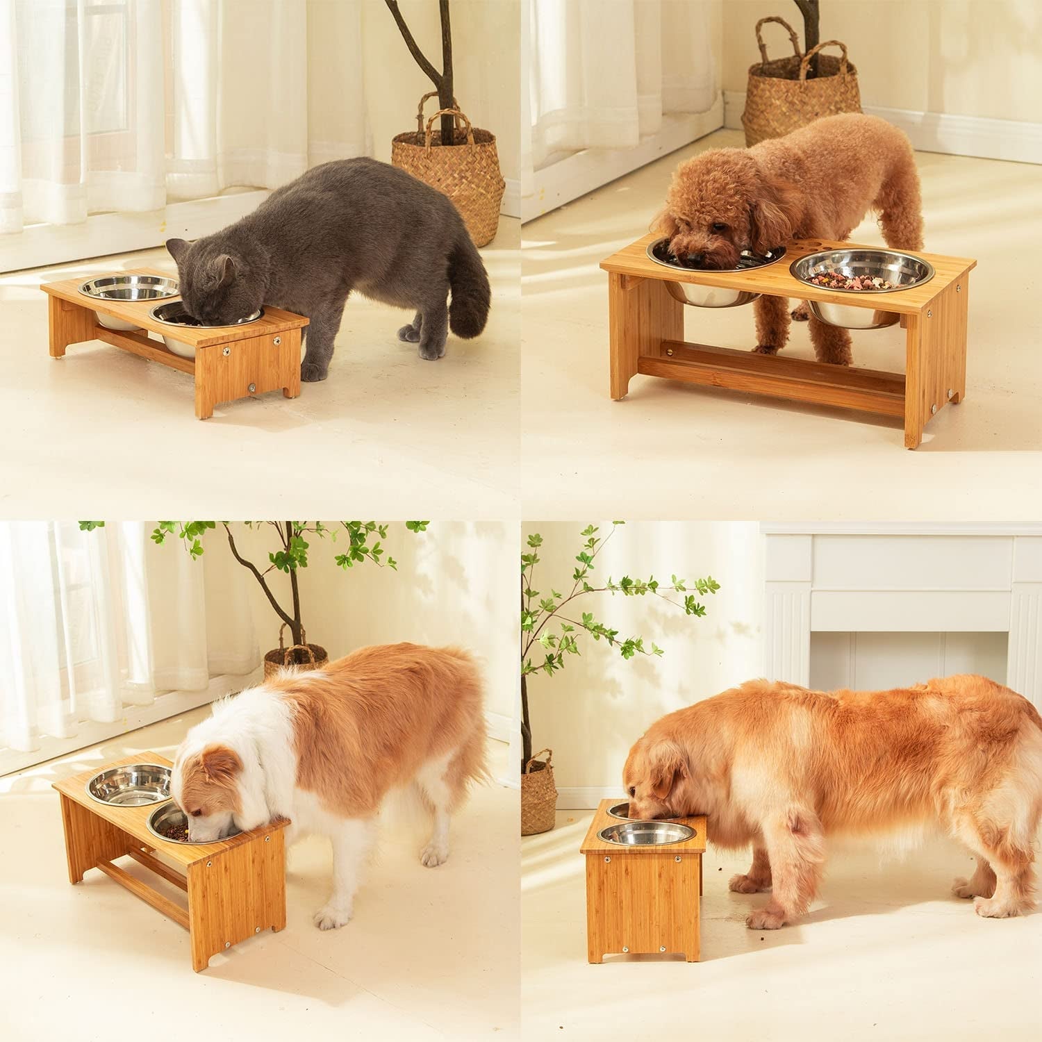 Raised Pet Bowls for Cats and Small Dogs, Bamboo Elevated Dog Cat Food and Water Bowls Stand Feeder with 2 Stainless Steel Bowls and anti Slip Feet (4'' Tall - 20 Oz Bowl) - FurrrBabies & More! - 705354001344