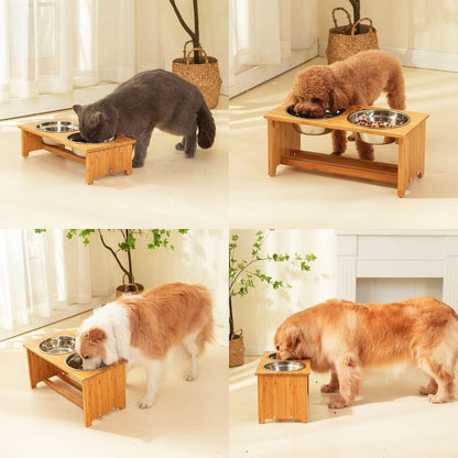 Raised Pet Bowls for Cats and Small Dogs, Bamboo Elevated Dog Cat Food and Water Bowls Stand Feeder with 2 Stainless Steel Bowls and anti Slip Feet (4'' Tall - 20 Oz Bowl) - FurrrBabies & More! - 705354001344