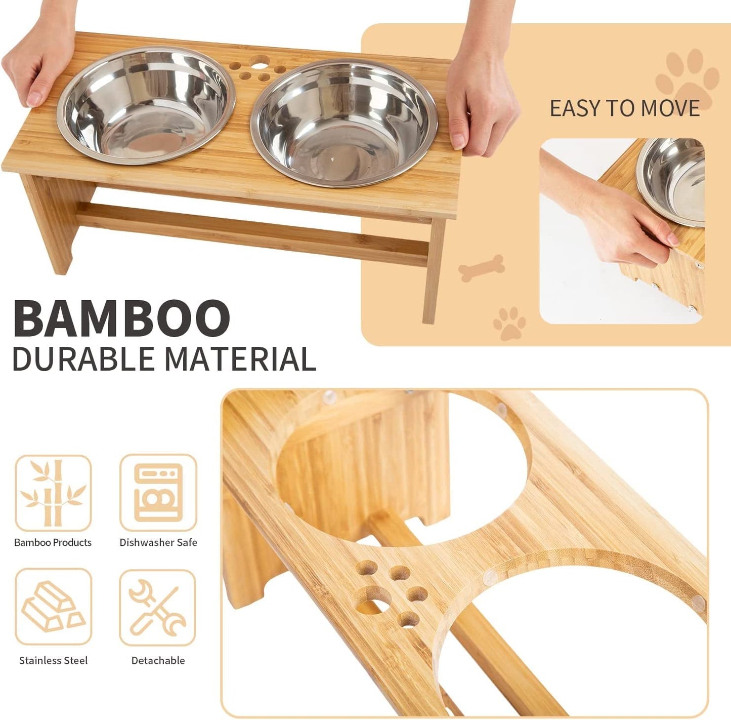 Raised Pet Bowls for Cats and Small Dogs, Bamboo Elevated Dog Cat Food and Water Bowls Stand Feeder with 2 Stainless Steel Bowls and anti Slip Feet (4'' Tall - 20 Oz Bowl) - FurrrBabies & More! - 705354001344