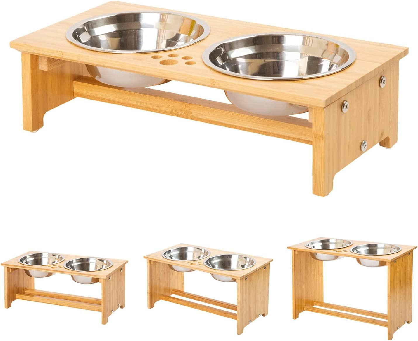 Raised Pet Bowls for Cats and Small Dogs, Bamboo Elevated Dog Cat Food and Water Bowls Stand Feeder with 2 Stainless Steel Bowls and anti Slip Feet (4'' Tall - 20 Oz Bowl) - FurrrBabies & More! - 705354001344