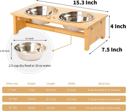Raised Pet Bowls for Cats and Small Dogs, Bamboo Elevated Dog Cat Food and Water Bowls Stand Feeder with 2 Stainless Steel Bowls and anti Slip Feet (4'' Tall - 20 Oz Bowl) - FurrrBabies & More! - 705354001344