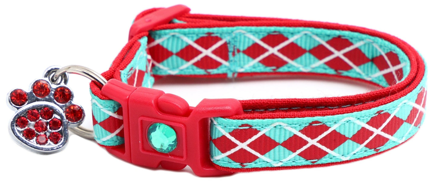 Red Argyle Breakaway Cat Collar - FurrrBabies & More! - Aqua - Cat Collar