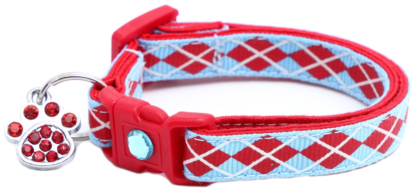 Red Argyle Breakaway Cat Collar - FurrrBabies & More! - Light Blue - Cat Collar