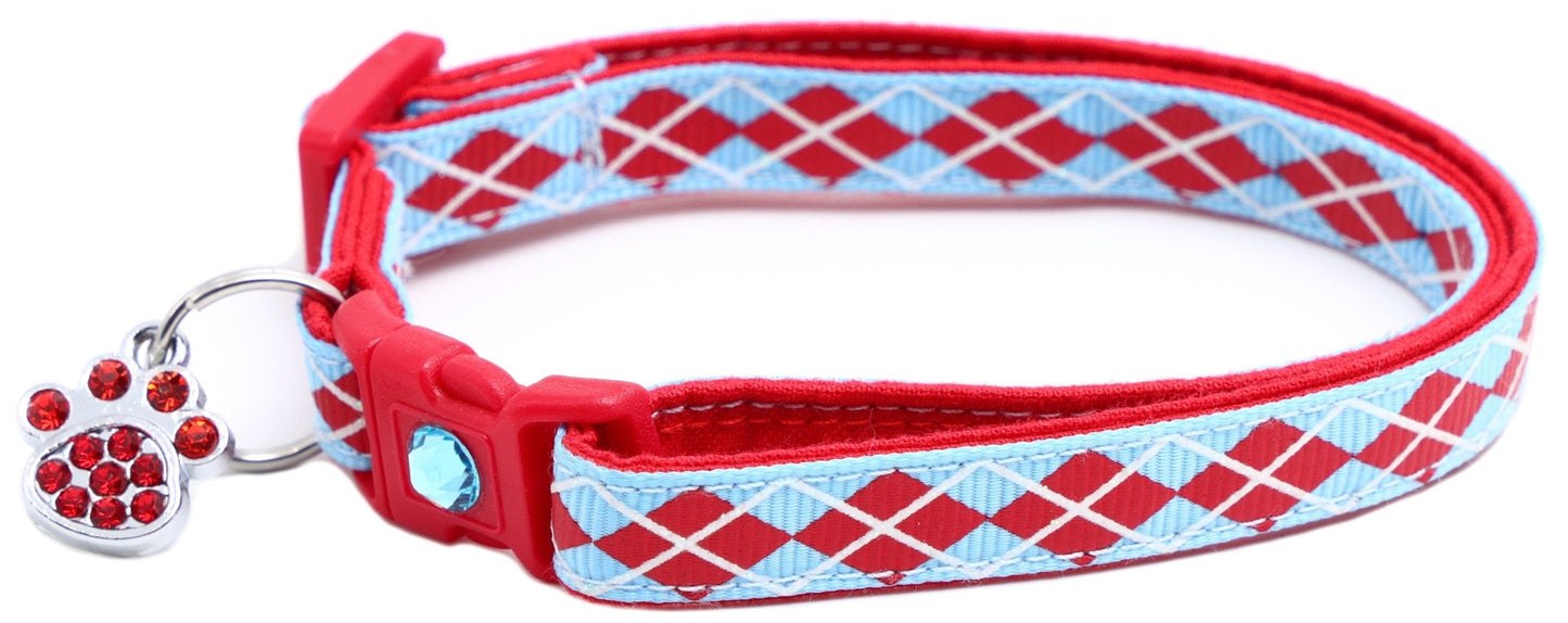 Red Argyle Breakaway Cat Collar - FurrrBabies & More! - Light Blue - Cat Collar