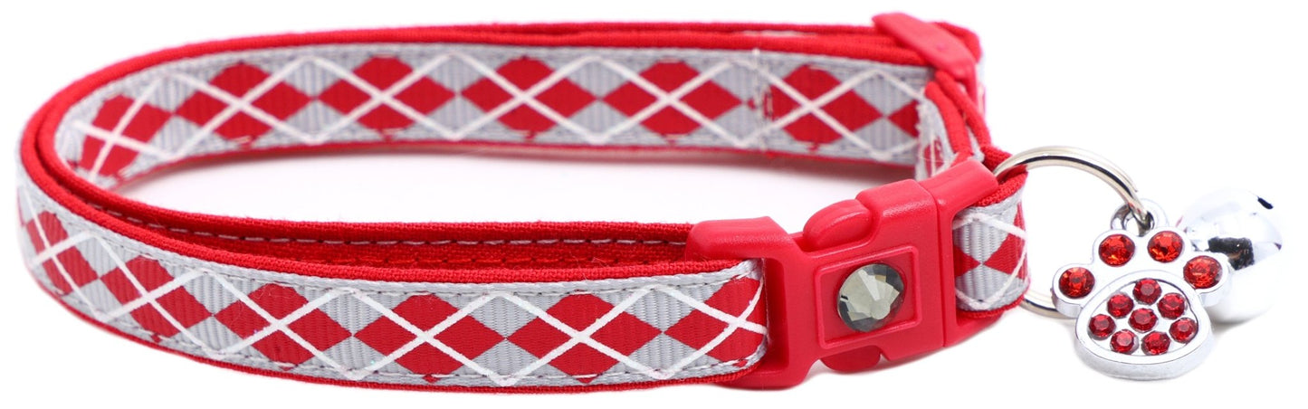 Red Argyle Breakaway Cat Collar - FurrrBabies & More! - Silver - Cat Collar