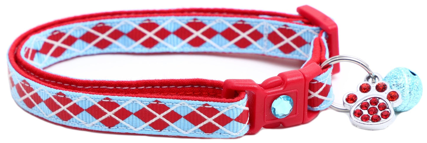 Red Argyle Breakaway Cat Collar - FurrrBabies & More! - Light Blue - Cat Collar