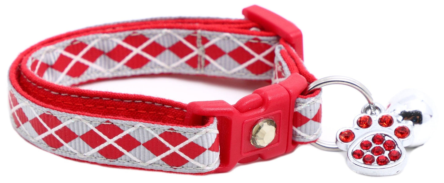 Red Argyle Breakaway Cat Collar - FurrrBabies & More! - Silver - Cat Collar