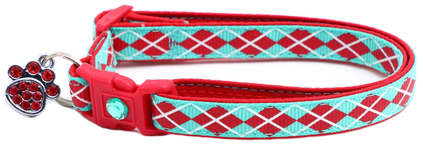 Red Argyle Breakaway Cat Collar - FurrrBabies & More! - Aqua - Cat Collar