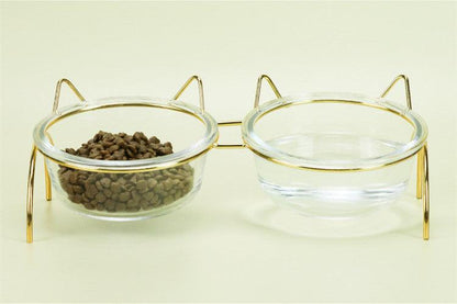 Sparkling Glass Cat Bowl With Elevated Metal Rack - Stylish And Functional Pet Feeder - FurrrBabies & More! - Cat Bowls & Feeders