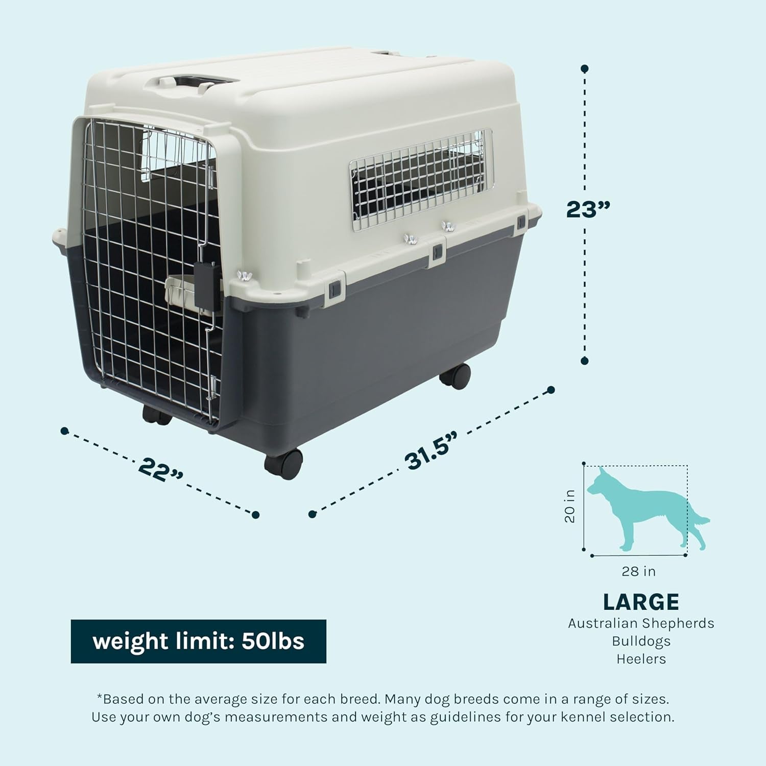Sportpet Airline Compliant LARGE 31.5" Travel Dog Kennel - Durable Plastic Airline Pet Carrier W/ Removable Wheels & Food Bowls, Collapsible Indoor/Outdoor Dog Kennel, Dogs up to 28"L & 20"H - Cream/Gray - FurrrBabies & More! - 726084523548
