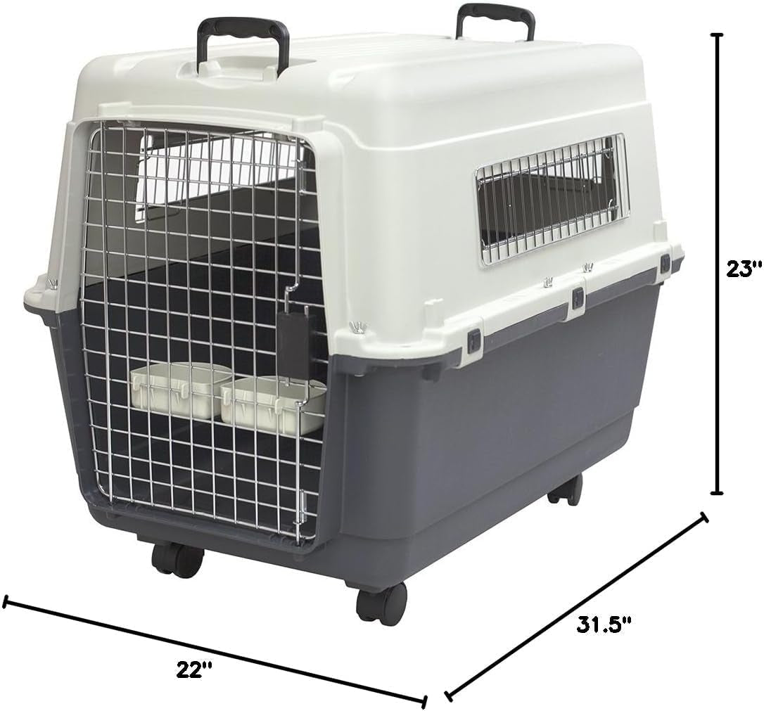 Sportpet Airline Compliant LARGE 31.5" Travel Dog Kennel - Durable Plastic Airline Pet Carrier W/ Removable Wheels & Food Bowls, Collapsible Indoor/Outdoor Dog Kennel, Dogs up to 28"L & 20"H - Cream/Gray - FurrrBabies & More! - 726084523548