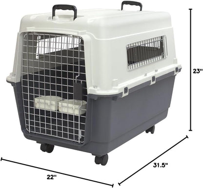 Sportpet Airline Compliant LARGE 31.5" Travel Dog Kennel - Durable Plastic Airline Pet Carrier W/ Removable Wheels & Food Bowls, Collapsible Indoor/Outdoor Dog Kennel, Dogs up to 28"L & 20"H - Cream/Gray - FurrrBabies & More! - 726084523548