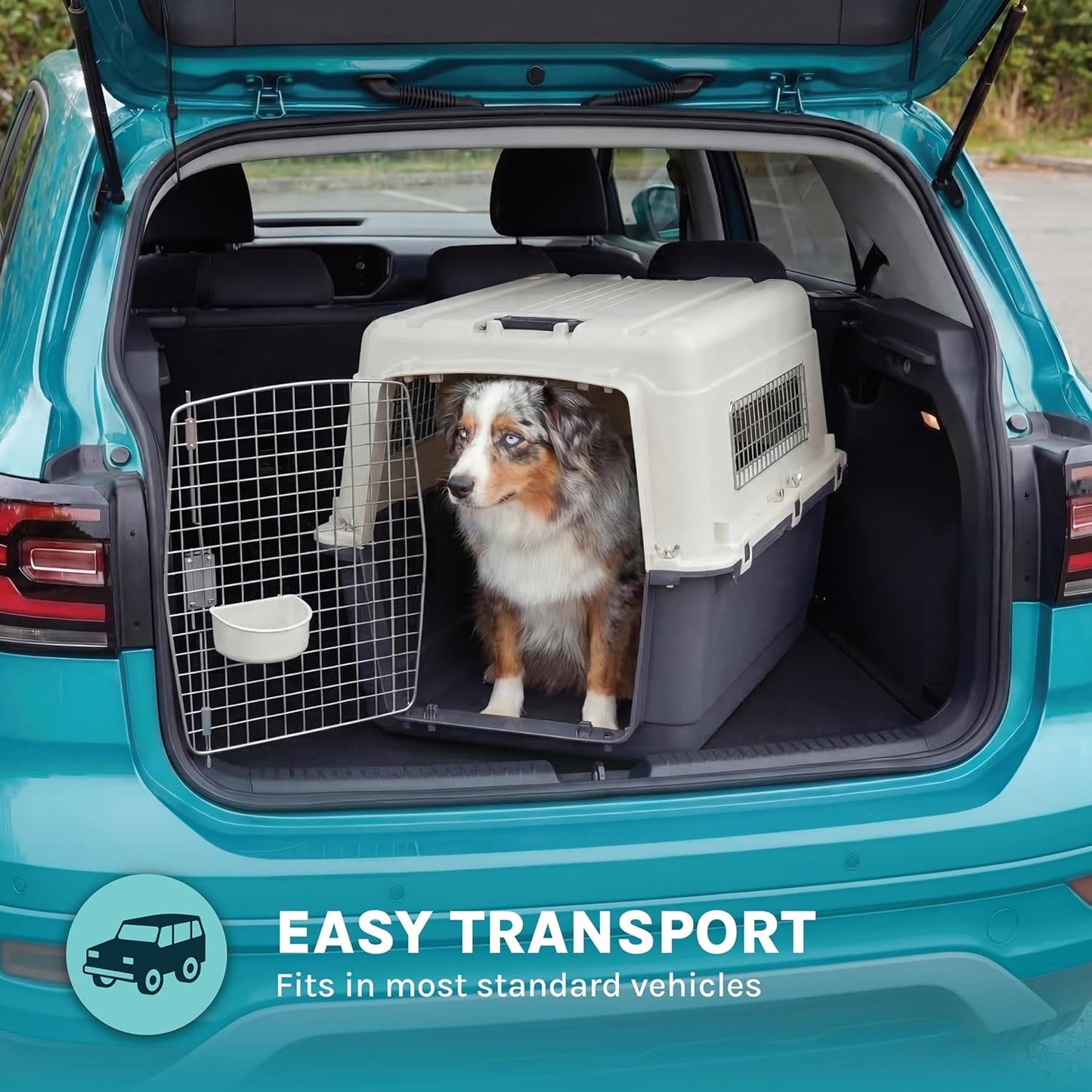 Sportpet Airline Compliant LARGE 31.5" Travel Dog Kennel - Durable Plastic Airline Pet Carrier W/ Removable Wheels & Food Bowls, Collapsible Indoor/Outdoor Dog Kennel, Dogs up to 28"L & 20"H - Cream/Gray - FurrrBabies & More! - 726084523548