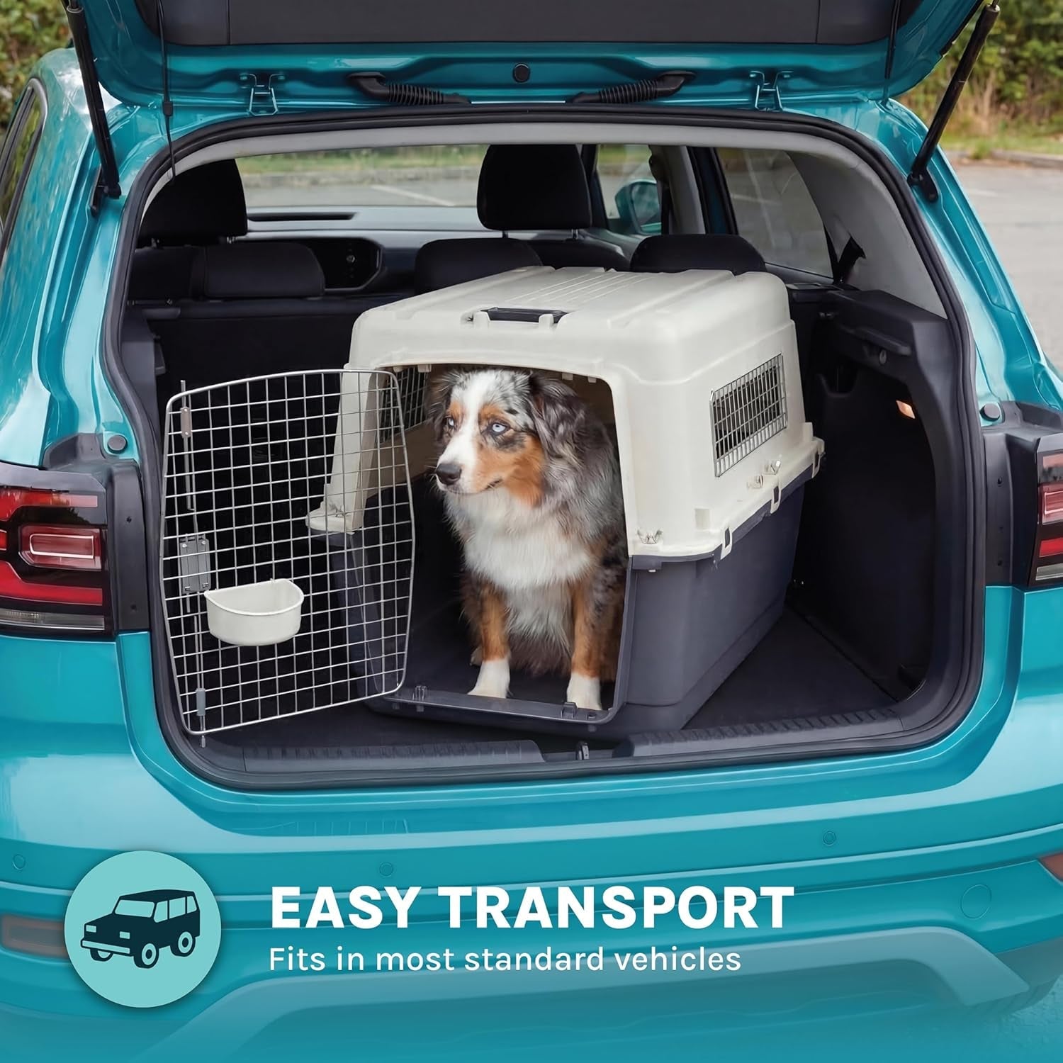Sportpet Airline Compliant LARGE 31.5" Travel Dog Kennel - Durable Plastic Airline Pet Carrier W/ Removable Wheels & Food Bowls, Collapsible Indoor/Outdoor Dog Kennel, Dogs up to 28"L & 20"H - Cream/Gray - FurrrBabies & More! - 726084523548