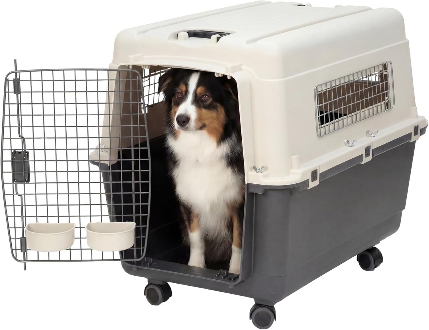 Sportpet Airline Compliant LARGE 31.5" Travel Dog Kennel - Durable Plastic Airline Pet Carrier W/ Removable Wheels & Food Bowls, Collapsible Indoor/Outdoor Dog Kennel, Dogs up to 28"L & 20"H - Cream/Gray - FurrrBabies & More! - 726084523548
