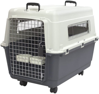 Sportpet Airline Compliant LARGE 31.5" Travel Dog Kennel - Durable Plastic Airline Pet Carrier W/ Removable Wheels & Food Bowls, Collapsible Indoor/Outdoor Dog Kennel, Dogs up to 28"L & 20"H - Cream/Gray - FurrrBabies & More! - 726084523548