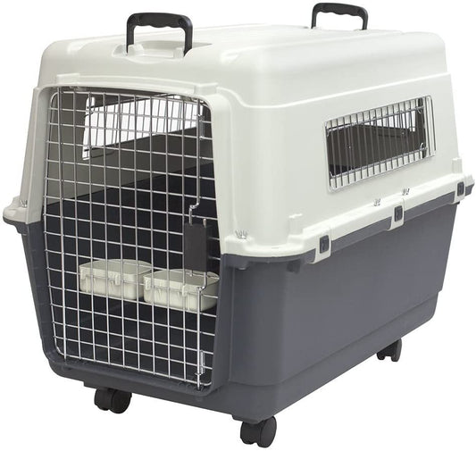 Sportpet Airline Compliant LARGE 31.5" Travel Dog Kennel - Durable Plastic Airline Pet Carrier W/ Removable Wheels & Food Bowls, Collapsible Indoor/Outdoor Dog Kennel, Dogs up to 28"L & 20"H - Cream/Gray - FurrrBabies & More! - 726084523548