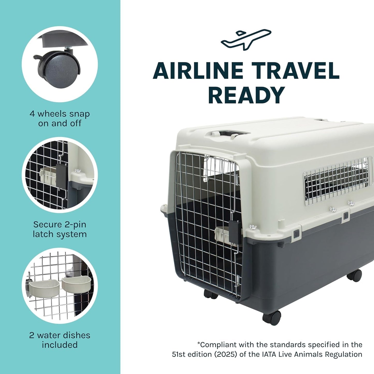 Sportpet Airline Compliant LARGE 31.5" Travel Dog Kennel - Durable Plastic Airline Pet Carrier W/ Removable Wheels & Food Bowls, Collapsible Indoor/Outdoor Dog Kennel, Dogs up to 28"L & 20"H - Cream/Gray - FurrrBabies & More! - 726084523548