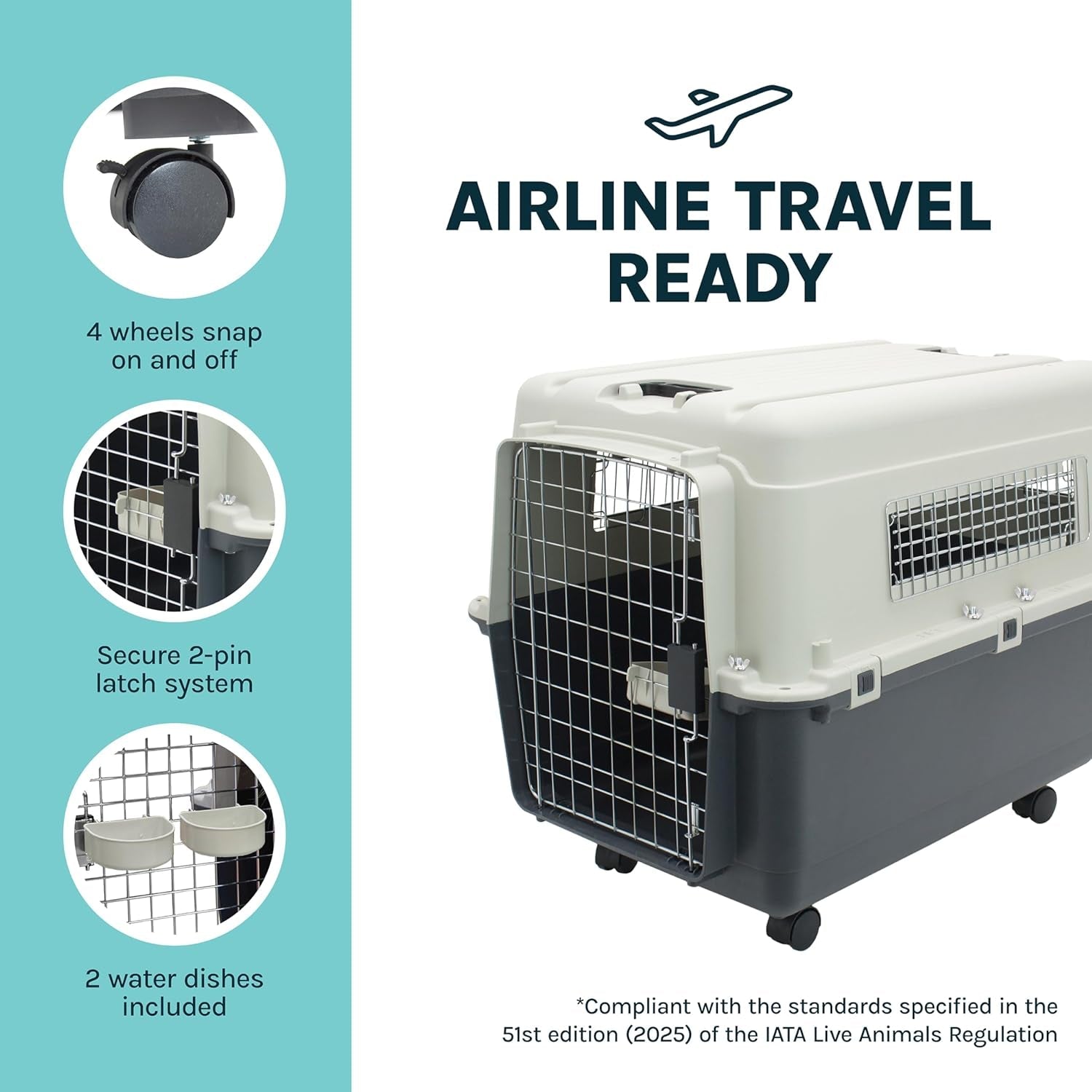 Sportpet Airline Compliant LARGE 31.5" Travel Dog Kennel - Durable Plastic Airline Pet Carrier W/ Removable Wheels & Food Bowls, Collapsible Indoor/Outdoor Dog Kennel, Dogs up to 28"L & 20"H - Cream/Gray - FurrrBabies & More! - 726084523548