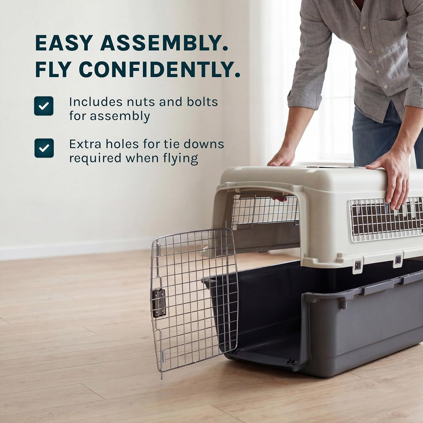 Sportpet Airline Compliant LARGE 31.5" Travel Dog Kennel - Durable Plastic Airline Pet Carrier W/ Removable Wheels & Food Bowls, Collapsible Indoor/Outdoor Dog Kennel, Dogs up to 28"L & 20"H - Cream/Gray - FurrrBabies & More! - 726084523548