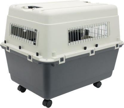 Sportpet Airline Compliant LARGE 31.5" Travel Dog Kennel - Durable Plastic Airline Pet Carrier W/ Removable Wheels & Food Bowls, Collapsible Indoor/Outdoor Dog Kennel, Dogs up to 28"L & 20"H - Cream/Gray - FurrrBabies & More! - 726084523548