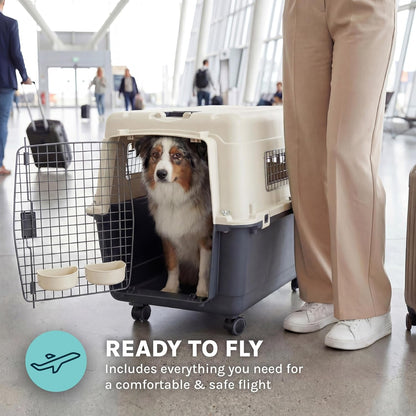 Sportpet Airline Compliant LARGE 31.5" Travel Dog Kennel - Durable Plastic Airline Pet Carrier W/ Removable Wheels & Food Bowls, Collapsible Indoor/Outdoor Dog Kennel, Dogs up to 28"L & 20"H - Cream/Gray - FurrrBabies & More! - 726084523548