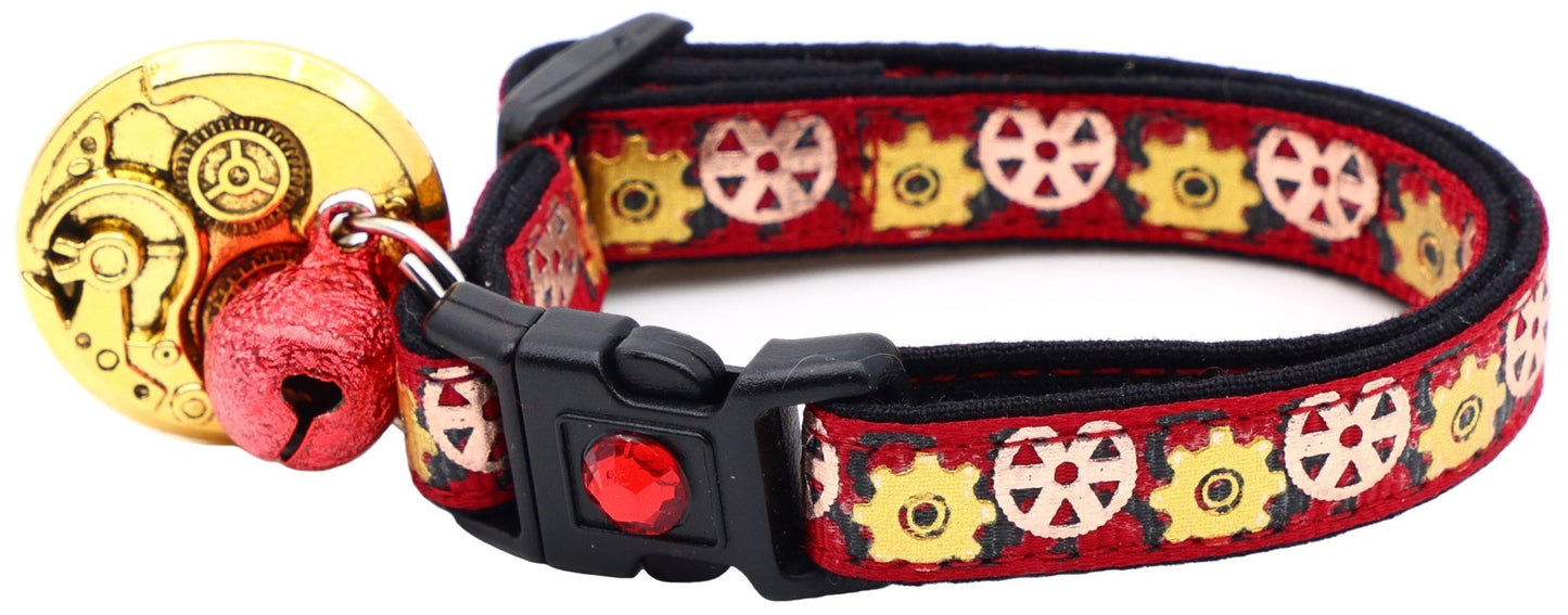 Steampunk Gears Breakaway Cat Collar - FurrrBabies & More! - Red - Cat Collar