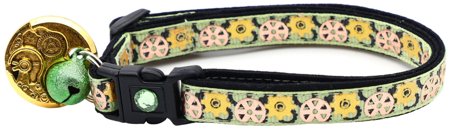 Steampunk Gears Breakaway Cat Collar - FurrrBabies & More! - Green - Cat Collar