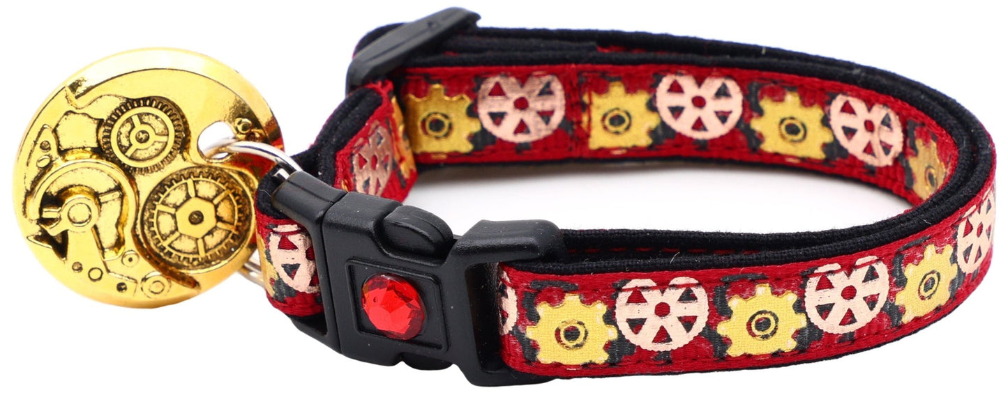 Steampunk Gears Breakaway Cat Collar - FurrrBabies & More! - Red - Cat Collar