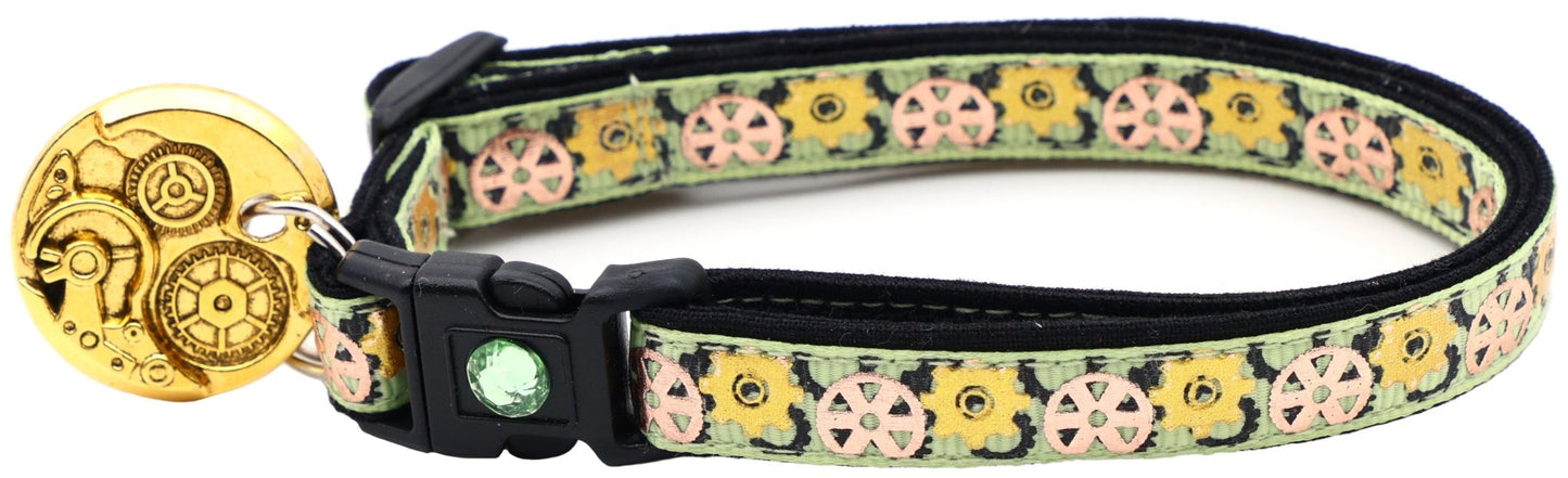 Steampunk Gears Breakaway Cat Collar - FurrrBabies & More! - Green - Cat Collar