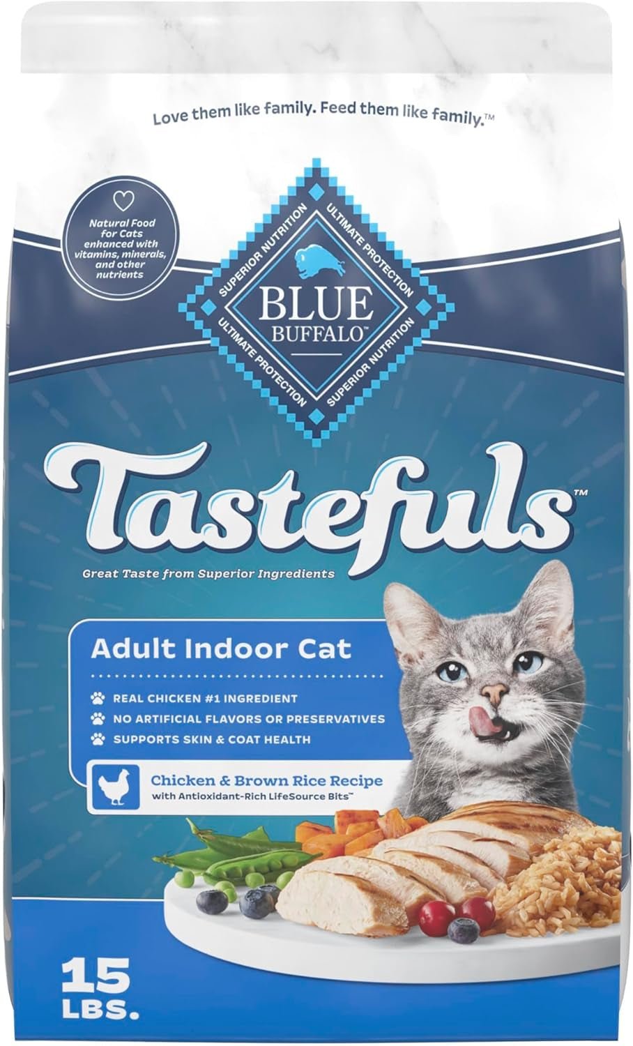 Tastefuls Natural Dry Food for Adult Indoor Cats, Chicken & Brown Rice Recipe, 15 - Lb Bag - FurrrBabies & More! - 313112076055