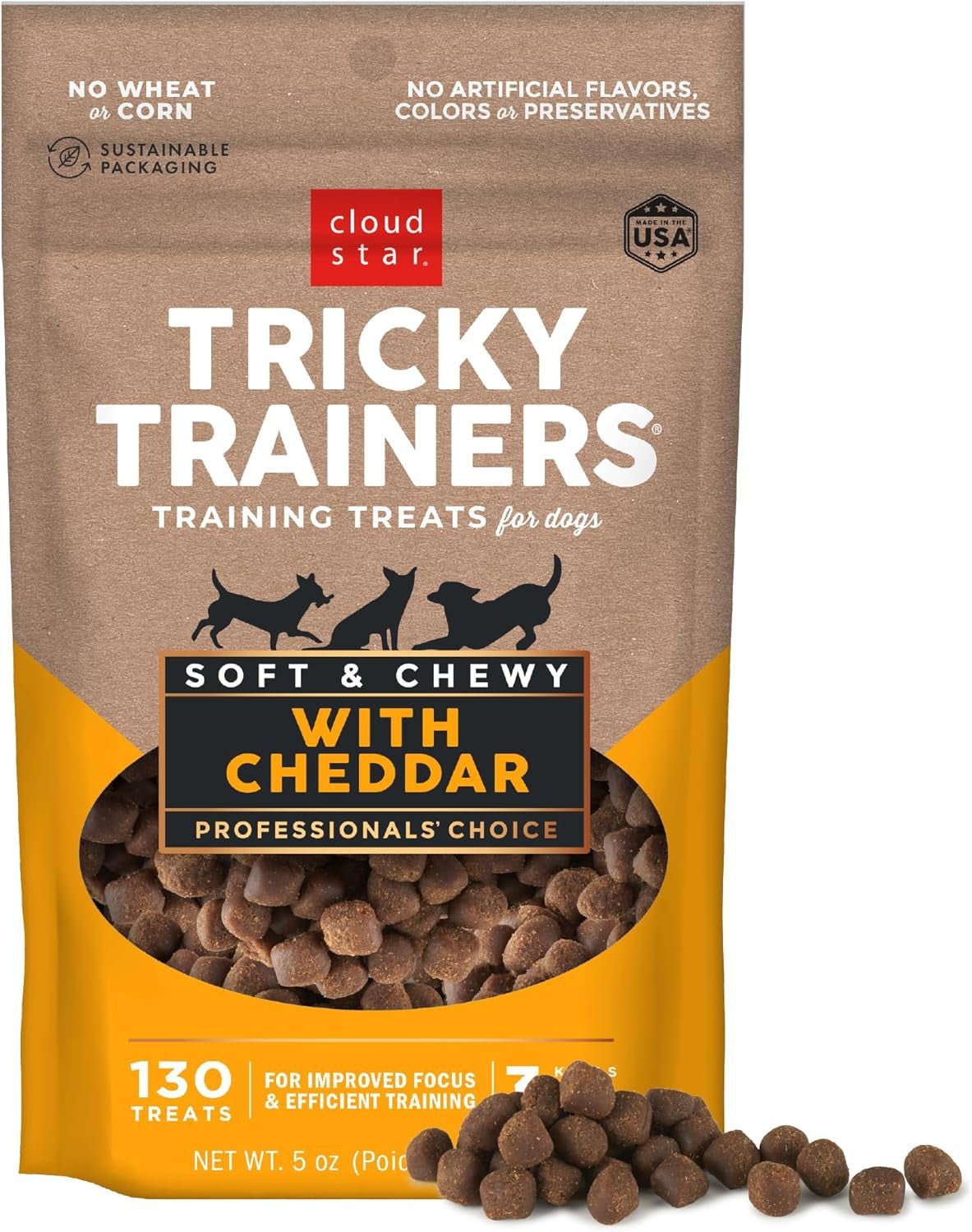 Tricky Trainers Soft & Chewy Dog Treats, Cheddar, 5 Oz. Pouch - FurrrBabies & More! - 7445048230249