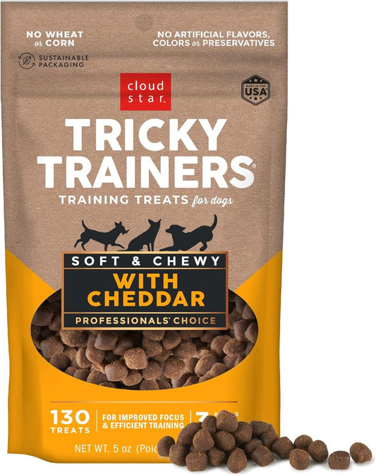 Tricky Trainers Soft & Chewy Dog Treats, Cheddar, 5 Oz. Pouch - FurrrBabies & More! - 7445048230249