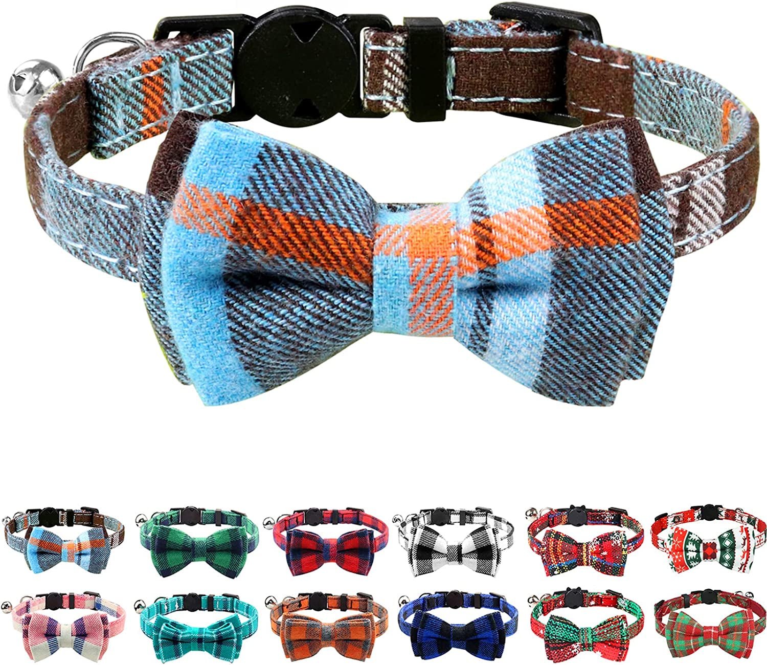Upgraded Cat Collar with Bells, Breakaway Cat Collars with Bow Tie, 1 Pack Girl Boy Safety Plaid Kitten Collars, Haze Blue - FurrrBabies & More! - 313030196170