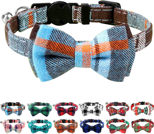 Upgraded Cat Collar with Bells, Breakaway Cat Collars with Bow Tie, 1 Pack Girl Boy Safety Plaid Kitten Collars, Haze Blue - FurrrBabies & More! - 313030196170