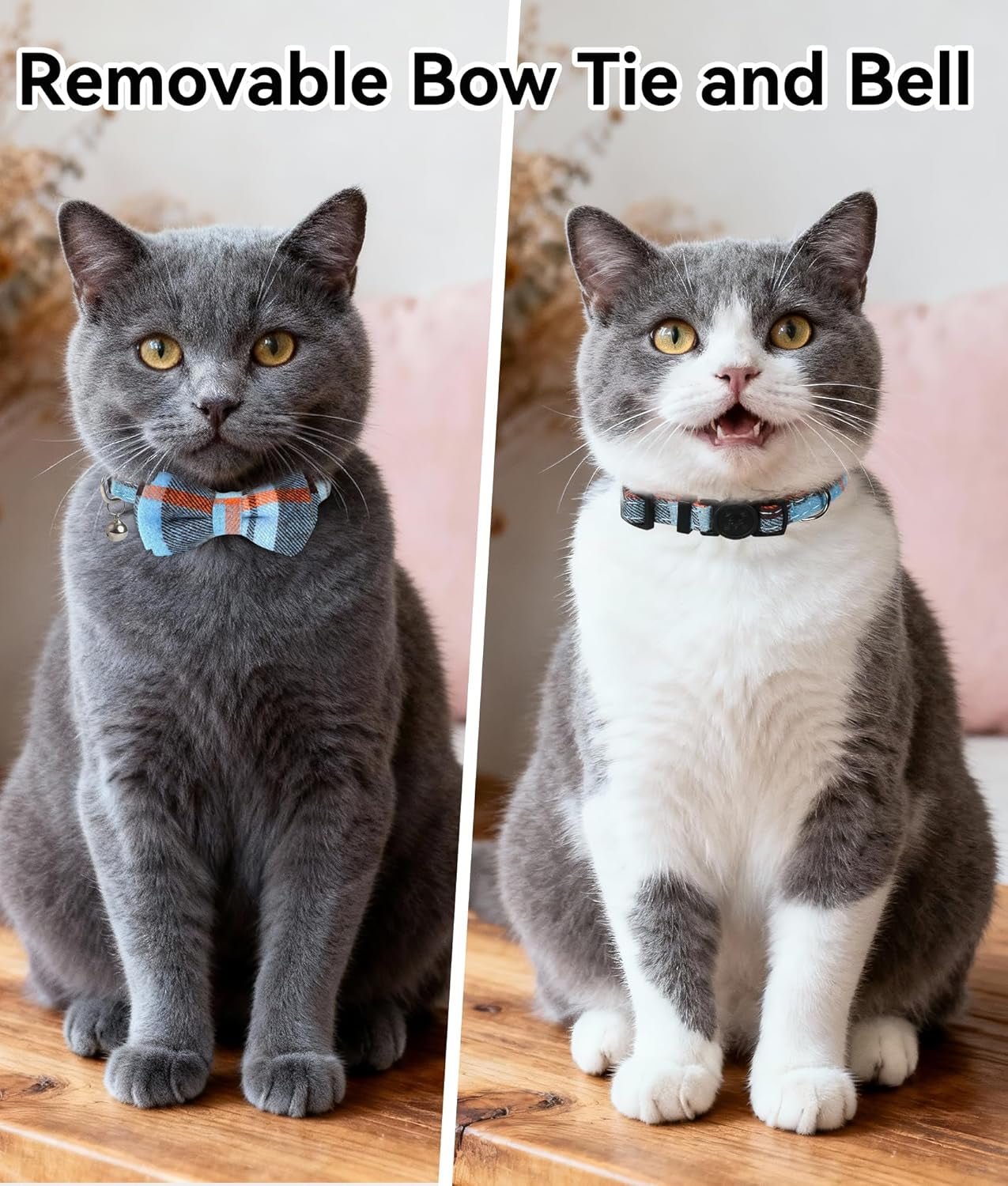 Upgraded Cat Collar with Bells, Breakaway Cat Collars with Bow Tie, 1 Pack Girl Boy Safety Plaid Kitten Collars, Haze Blue - FurrrBabies & More! - 313030196170