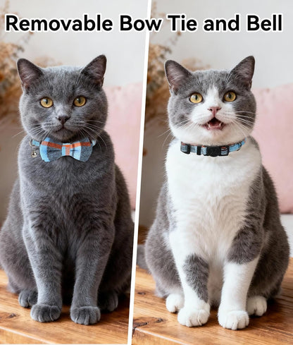 Upgraded Cat Collar with Bells, Breakaway Cat Collars with Bow Tie, 1 Pack Girl Boy Safety Plaid Kitten Collars, Haze Blue - FurrrBabies & More! - 313030196170