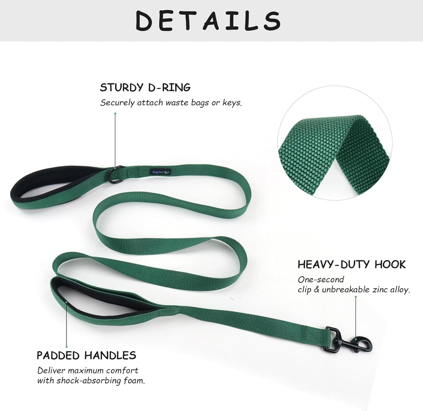 Wagtime Club Double Handle Dog Leash, 6Ft Long Heavy Duty Dog Leash with Paded Traffic Handles for Extral Control and Training, Dual Handles Leads, Large Medium Small Dogs (Hunter Green) - FurrrBabies & More! - 313109442412