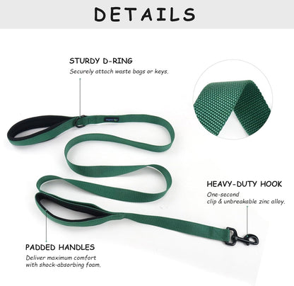 Wagtime Club Double Handle Dog Leash, 6Ft Long Heavy Duty Dog Leash with Paded Traffic Handles for Extral Control and Training, Dual Handles Leads, Large Medium Small Dogs (Hunter Green) - FurrrBabies & More! - 313109442412