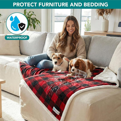 Waterproof Dog Blanket for Couch, Extra Large 80X60, Pee Proof Sherpa Fleece Reversible Pet Throw, Furniture Protector for Bed Sofa Crate Kennel, Soft Washable Cover for Dog Cat, Plaid Red - FurrrBabies & More! - 744110085747
