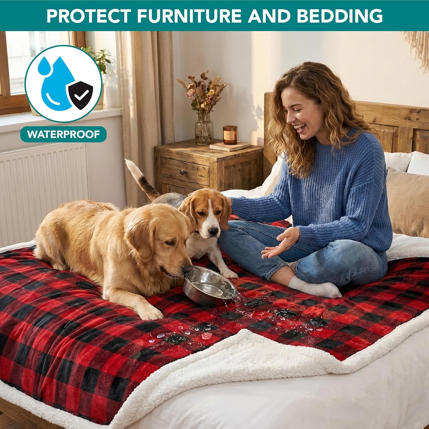 Waterproof Dog Blanket for Couch, Extra Large 80X60, Pee Proof Sherpa Fleece Reversible Pet Throw, Furniture Protector for Bed Sofa Crate Kennel, Soft Washable Cover for Dog Cat, Plaid Red - FurrrBabies & More! - 744110085747