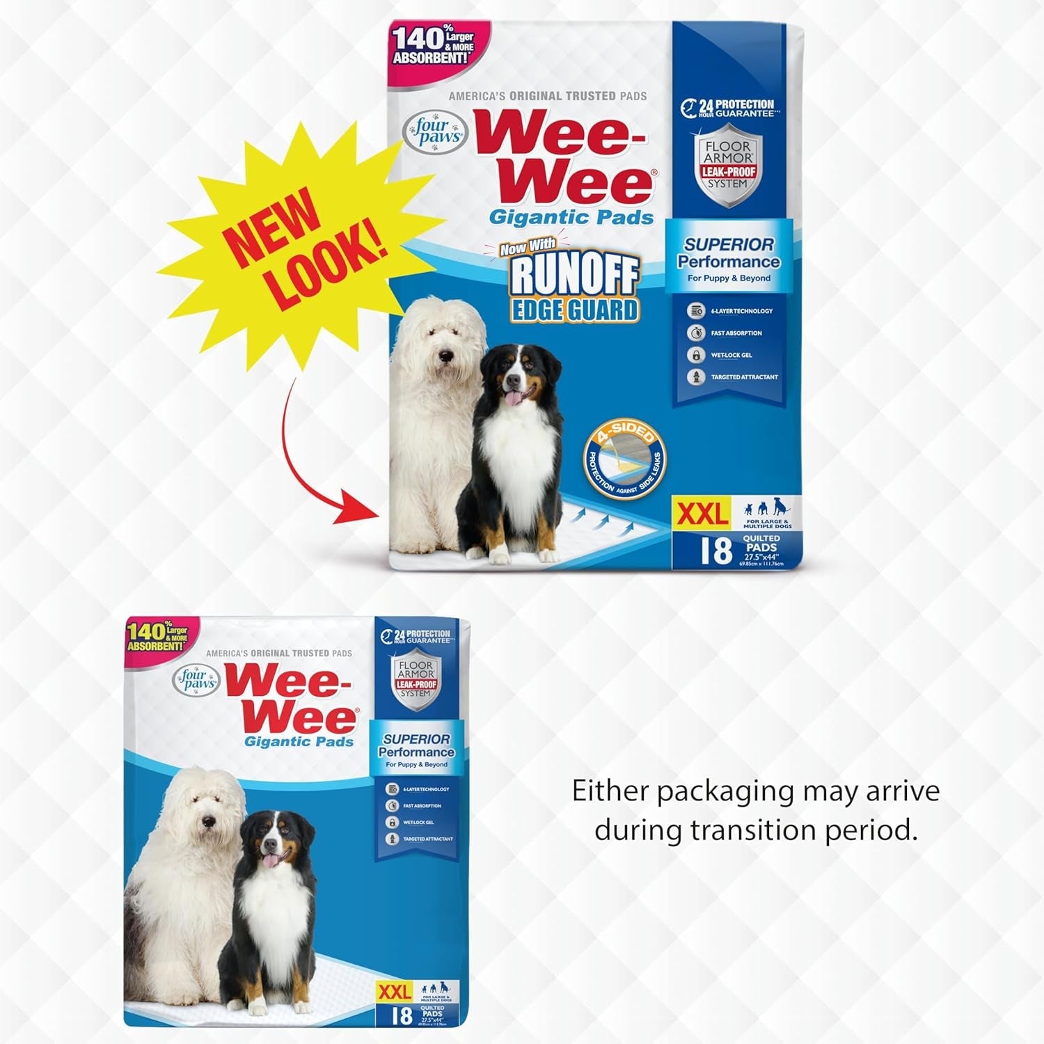 Wee - Wee Superior Performance Pee Pads for Dogs with Runoff Barrier Edge Guard Protection, Puppy & Dog Potty Training Pads, Housebreaking Supplies, 27.5" X 44" (18 Count) - FurrrBabies & More! - 7445001439474