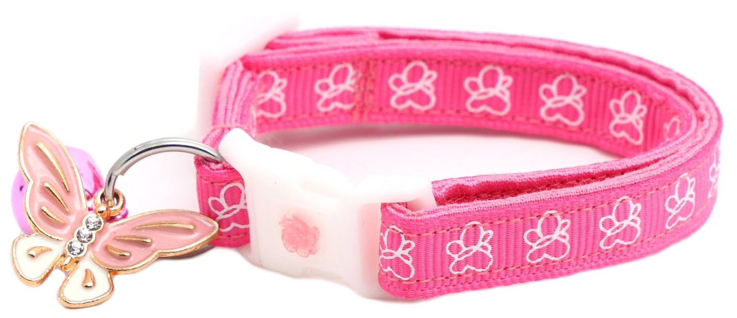 White Butterflies on Bright Pink Cat Collar - FurrrBabies & More! - Cat Collar