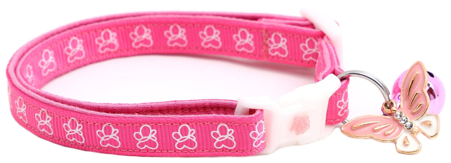 White Butterflies on Bright Pink Cat Collar - FurrrBabies & More! - Cat Collar